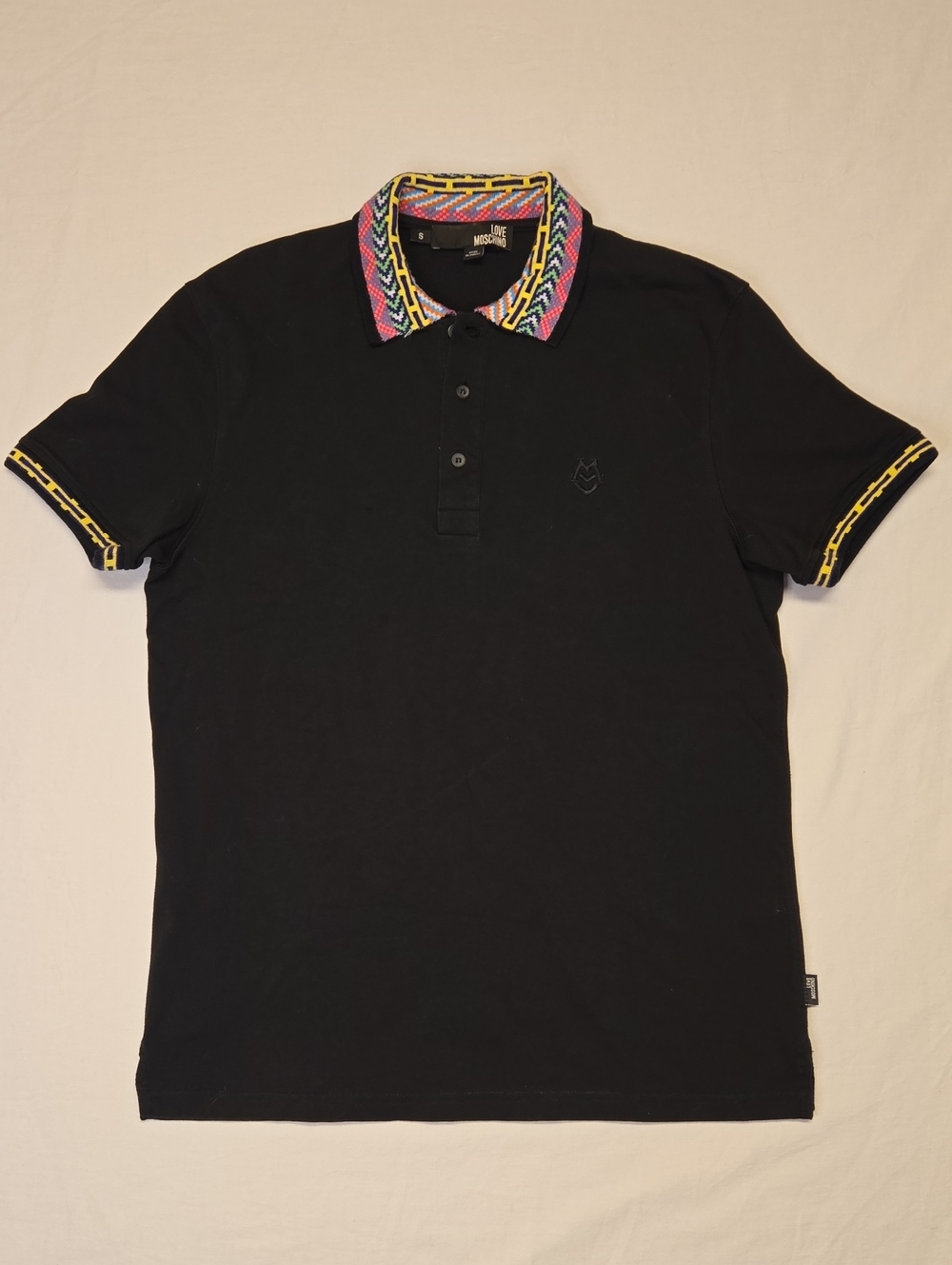 Moschino Black 1/4 Button Down Polo Shirt with Colorful Coogi Geometric Collar